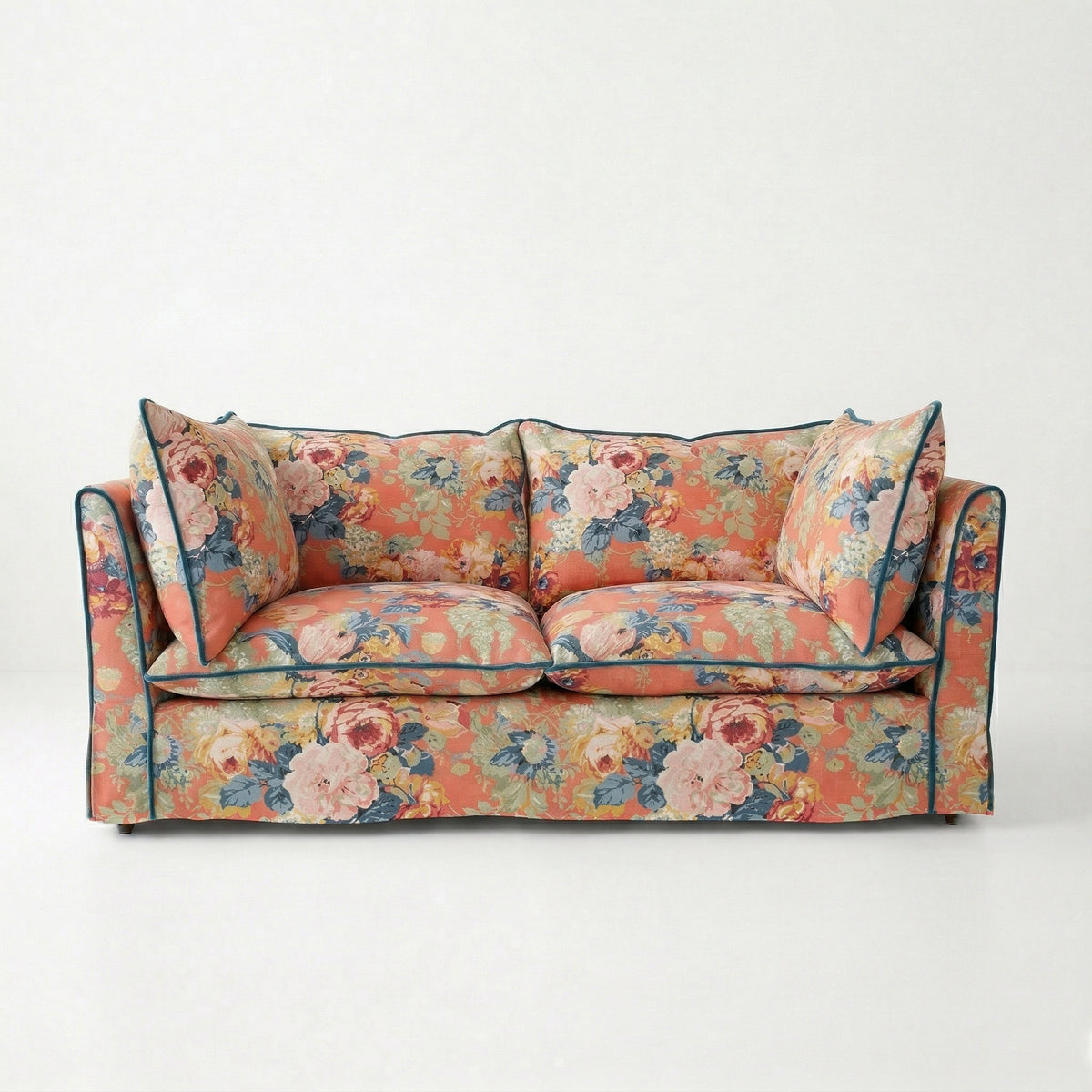 Coco 2.5 seater sofa with Knife Edge cushion in English Garden Coral Orange with Velvet Trim  - Hand Made in USA