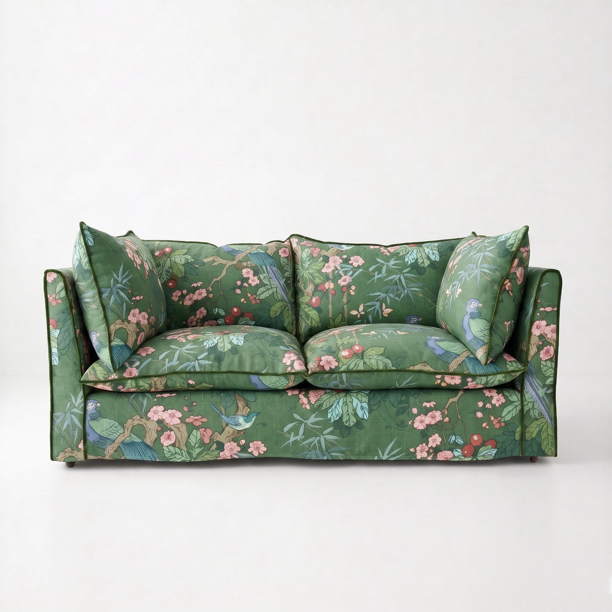 Coco 2.5 seater sofa with Knife Edge cushion in Belleville Juniper with Velvet Trim - Hand Made in USA