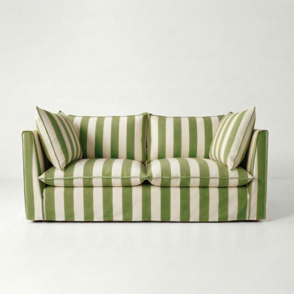 Coco 2.5 seater sofa with Self Piped Knife Edge cushion in Spring Green Stripes  - Hand Made in USA