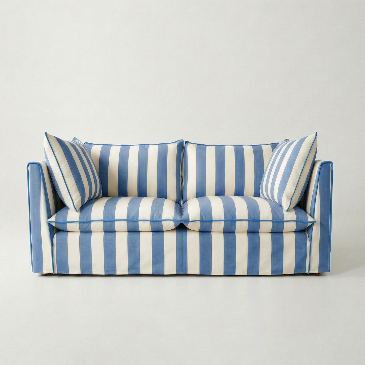 Coco 2.5 seater sofa with Self Piped Knife Edge cushion in Cornish Blue Stripes - Hand Made in USA
