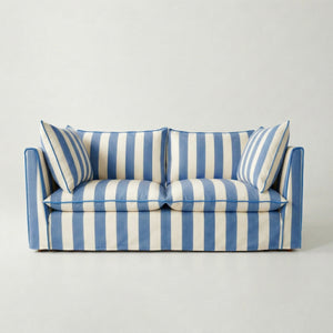 Coco 2.5 seater sofa with Self Piped Knife Edge cushion in Cornish Blue Stripes - Hand Made in USA