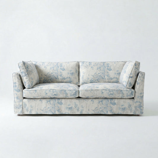 Coco 3 seater sofa with Self Piped Knife Edge cushion in Andrew Martin Midsummer Faded Blue - Hand Made in USA