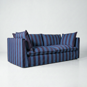 Coco 3 seater sofa with Self Piped Knife Edge cushion in Coastal Blue Stripes - Hand Made in USA