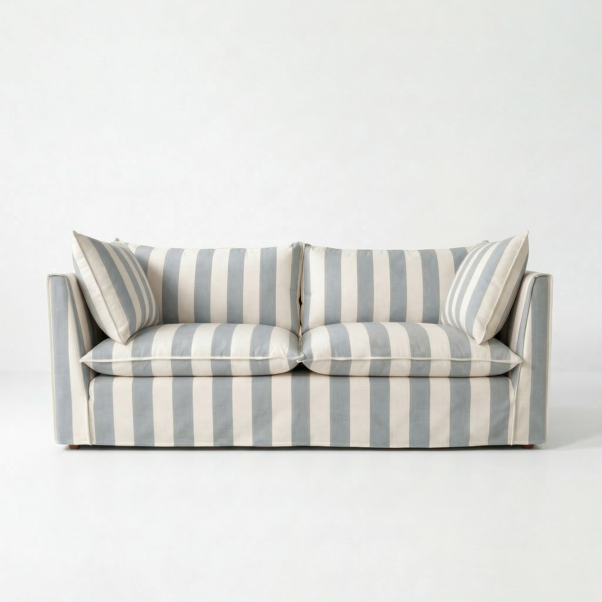 Coco 3 seater sofa with Self Piped Knife Edge cushion in Stripes Garden Grey  - Hand Made in USA