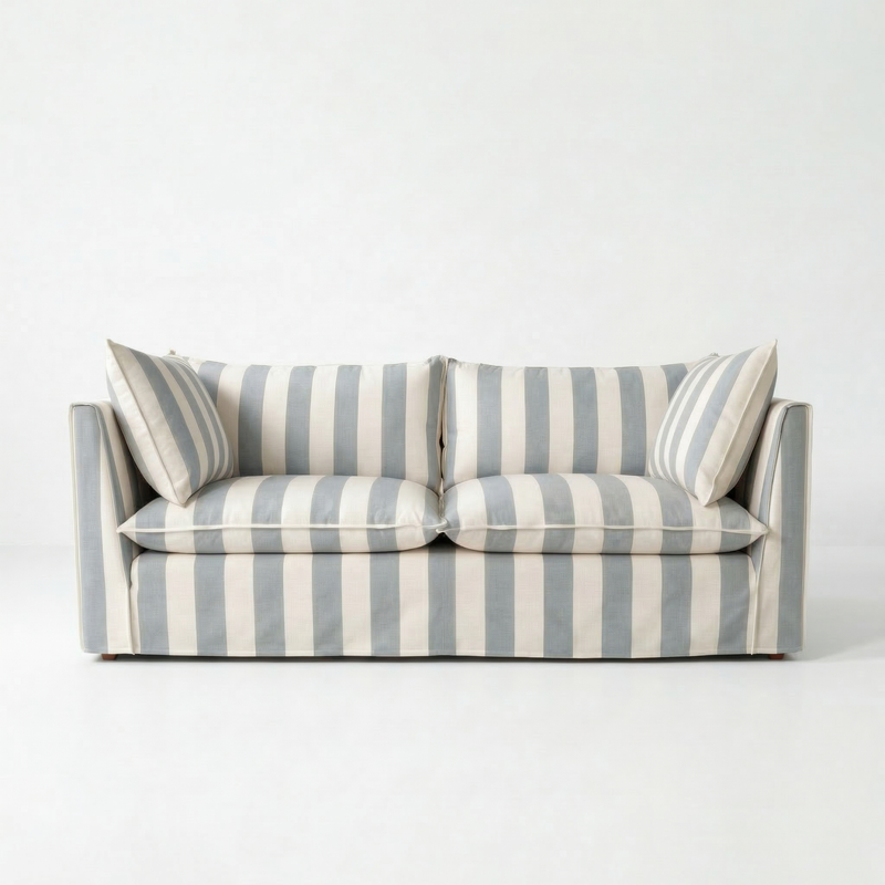 Coco 3 seater sofa with Self Piped Knife Edge cushion in Stripes Garden Grey  - Hand Made in USA