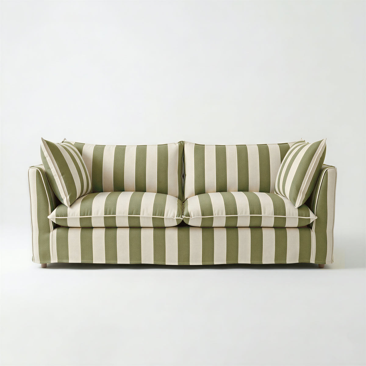 Coco 3 seater sofa with Self Piped Knife Edge cushion in Spring Green Stripes - Hand Made in USA