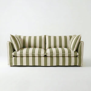 Coco 3 seater sofa with Self Piped Knife Edge cushion in Spring Green Stripes - Hand Made in USA