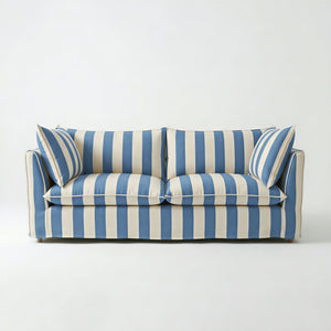 Coco 3 seater sofa with Self Piped Knife Edge cushion in Cornish Blue Stripes - Hand Made in USA
