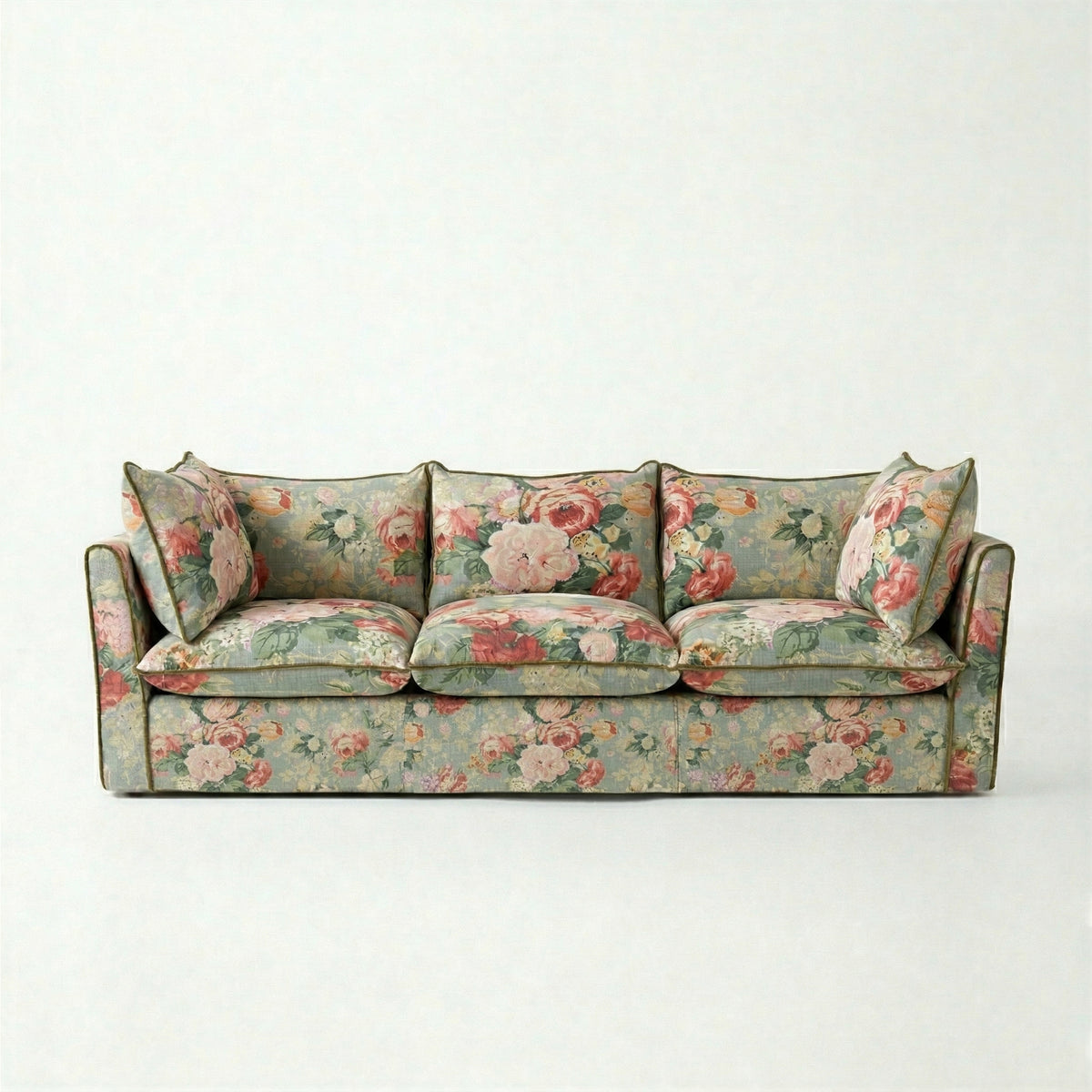 Coco 3.5 seater sofa with Knife Edge cushion in English Garden Grey Skies with Velvet Trim - Hand Made in USA