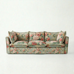 Coco 3.5 seater sofa with Knife Edge cushion in English Garden Grey Skies with Velvet Trim - Hand Made in USA
