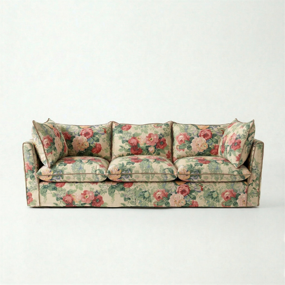 Coco 3.5 seater sofa with Knife Edge cushion in English Garden Classic Rose with Velvet Trim  - Hand Made in USA