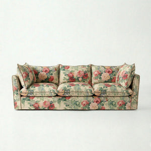 Coco 3.5 seater sofa with Knife Edge cushion in English Garden Classic Rose with Velvet Trim  - Hand Made in USA