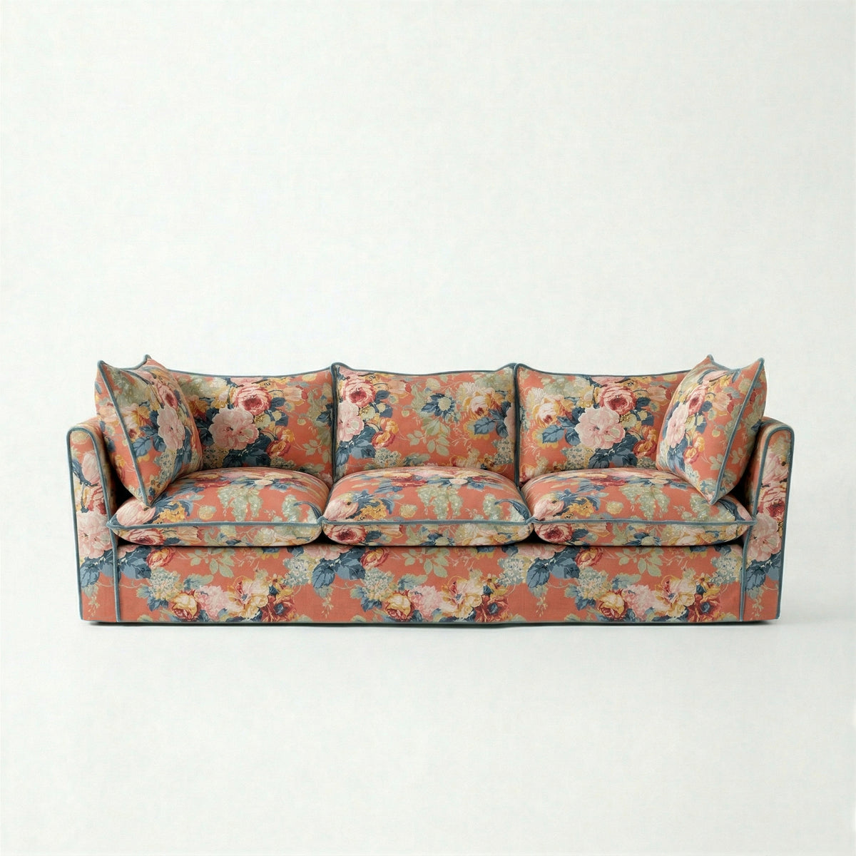 Coco 3.5 seater sofa with Knife Edge cushion in English Garden Coral Orange with Velvet Trim - Hand Made in USA