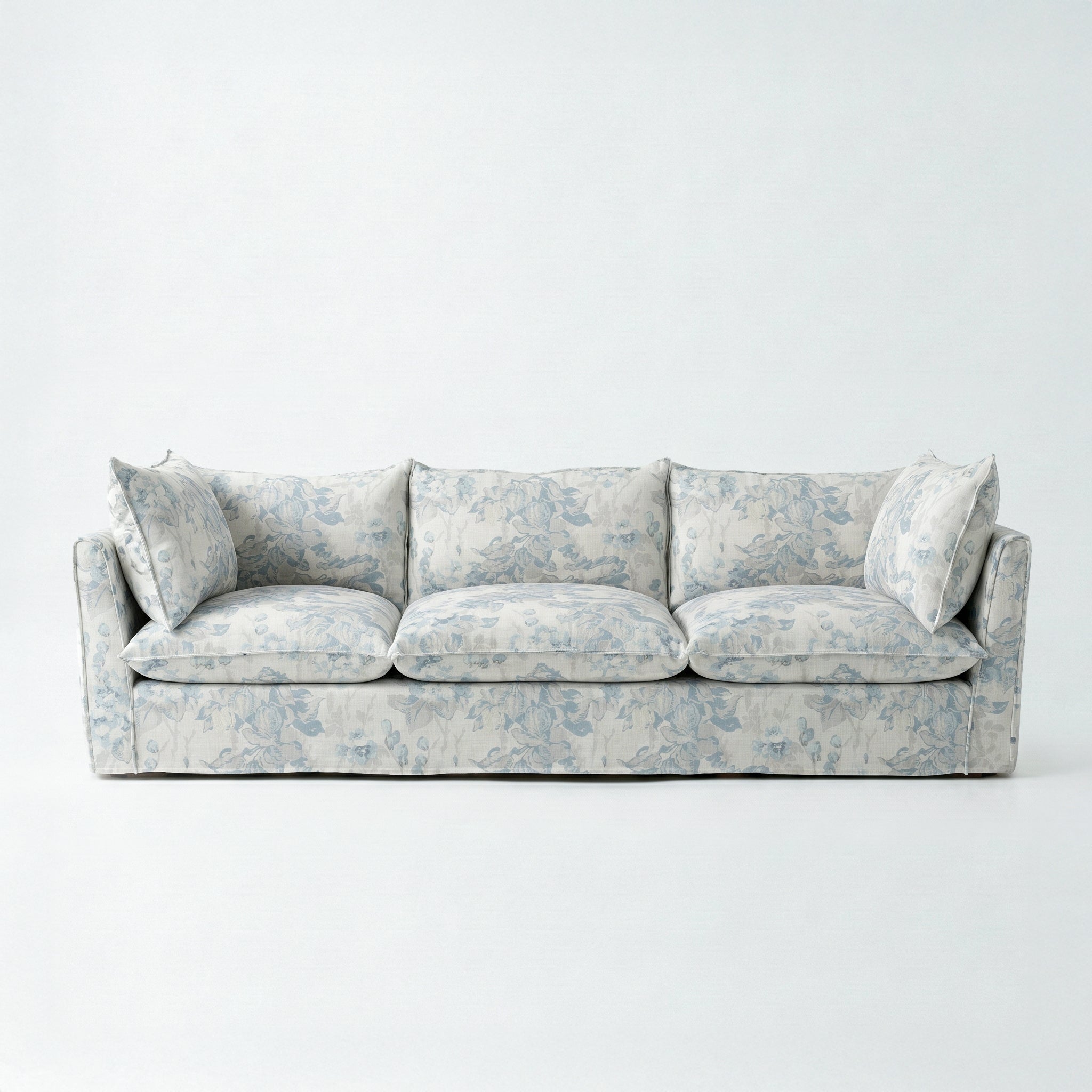 Coco 4 seater sofa with Self Piped Knife Edge cushion in Andrew Martin Midsummer Faded Blue - Hand Made in USA