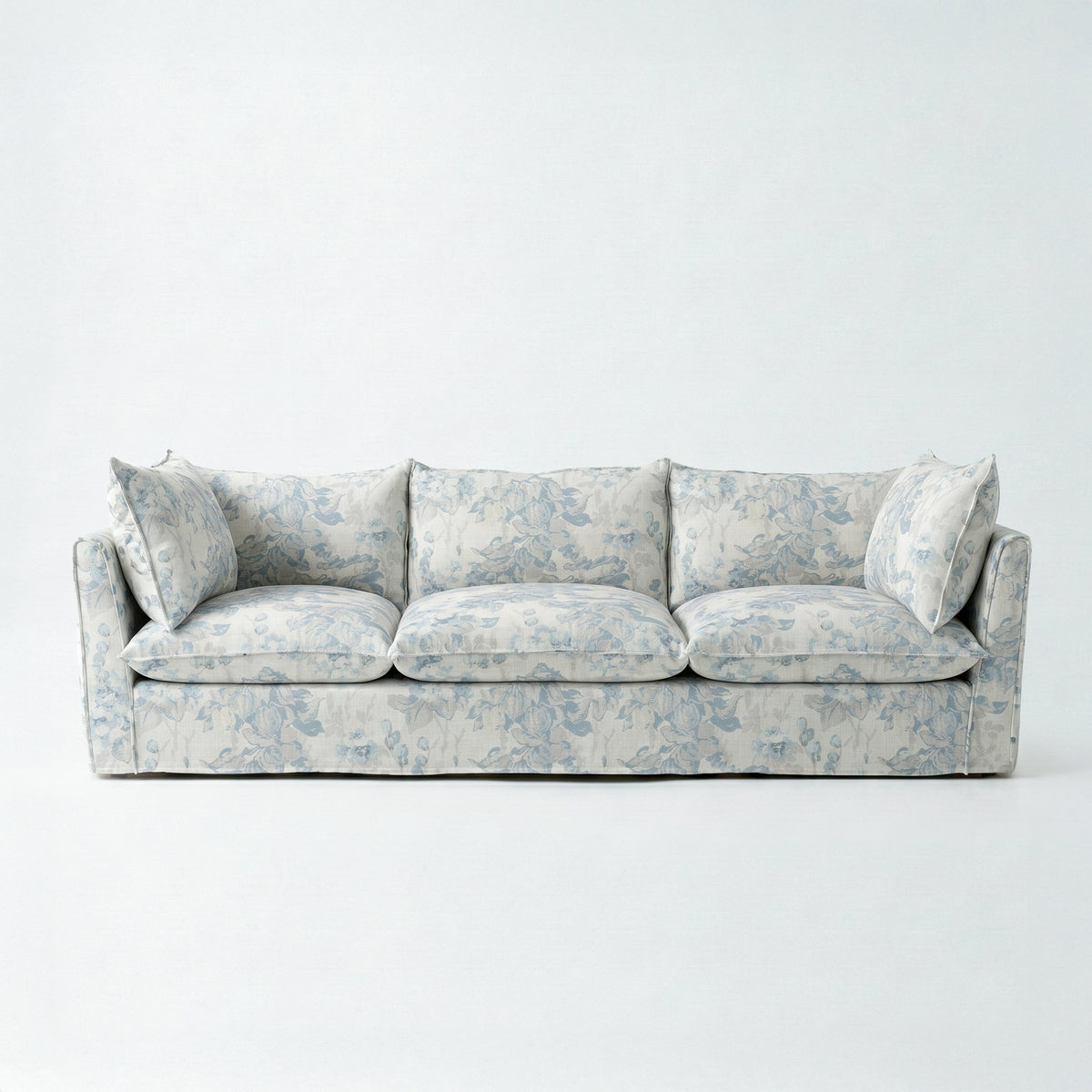 Coco 4 seater sofa with Self Piped Knife Edge cushion in Andrew Martin Midsummer Faded Blue - Hand Made in USA