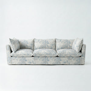 Coco 4 seater sofa with Self Piped Knife Edge cushion in Andrew Martin Midsummer Faded Blue - Hand Made in USA