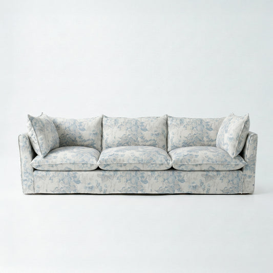 Coco 4 seater sofa with Self Piped Knife Edge cushion in Andrew Martin Midsummer Faded Blue - Hand Made in USA