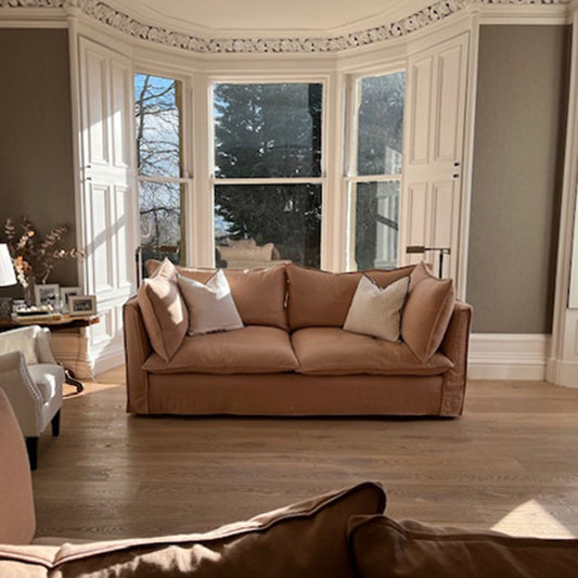 Coco 2.5 seater sofa with Self Piped Knife Edge cushion in Cotton Linen Rosedale  - Hand Made in USA (Available for Quick Ship)