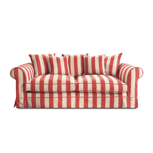 Salthrop Large Sofa with Scatter Cushion in Petunia Red Stripe - Hand Made in USA