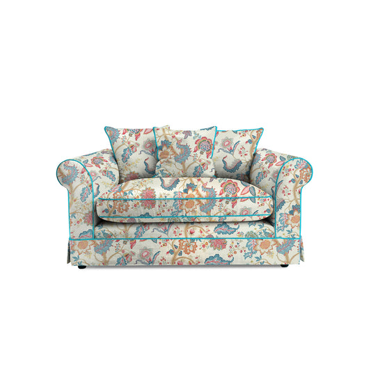 Salthrop Small Sofa with Scatter Cushions in Kitty Indian Summer with Velvet Trim - Hand Made in USA