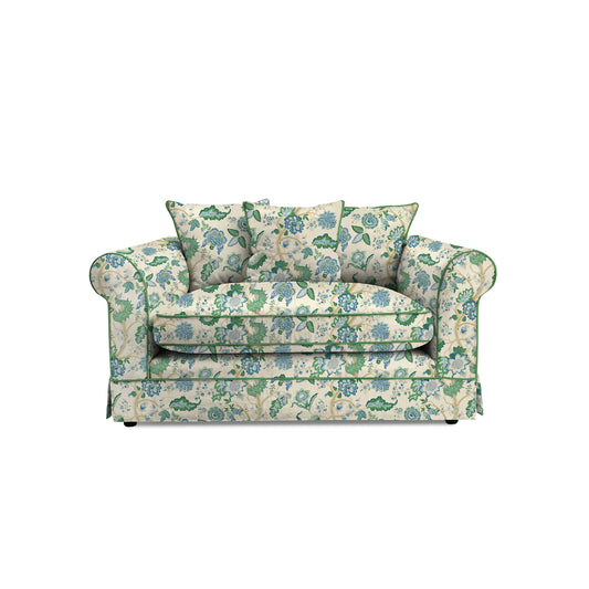 Salthrop Small Sofa with Scatter Cushions in Kitty Blue Green with Velvet Trim - Hand Made in USA