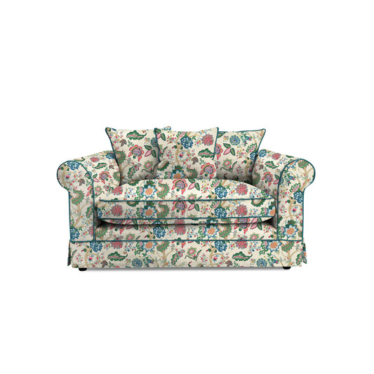 Salthrop Small Sofa with Scatter Cushions in Kitty Spring Green with Velvet Trim - Hand Made in USA