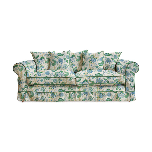 Salthrop Large Sofa with Scatter Cushions in Kitty Blue Green with Velvet Trim - Hand Made in USA