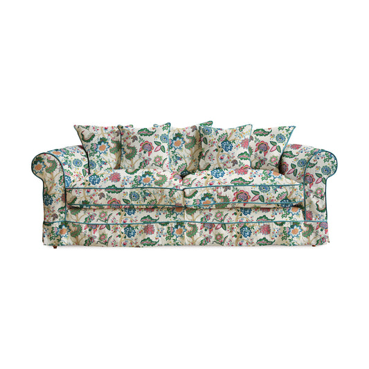 Salthrop Large Sofa with Scatter Cushions in Kitty Spring Green with Velvet Trim - Hand Made in USA