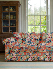 Salthrop Large Sofa with Scatter Cushions in English Garden Coral Orange with Velvet Trim - Hand Made in USA