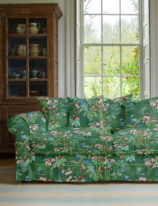 Salthrop Large Sofa with Scatter Cushions in Belleville Juniper with Velvet Trim - Hand Made in USA
