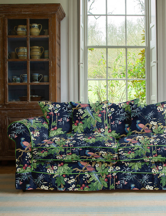 Salthrop Large Sofa with Scatter Cushions in Belleville Navy with Velvet Trim - Hand Made in USA