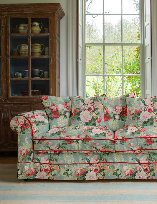 Salthrop Large Sofa with Scatter Cushions in English Garden Grey Skies with Velvet Trim - Hand Made in USA