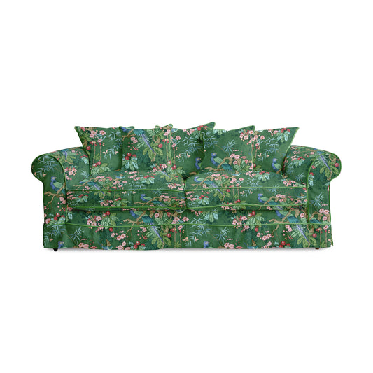 Salthrop Large Sofa with Scatter Cushions in Belleville Juniper with Velvet Trim - Hand Made in USA