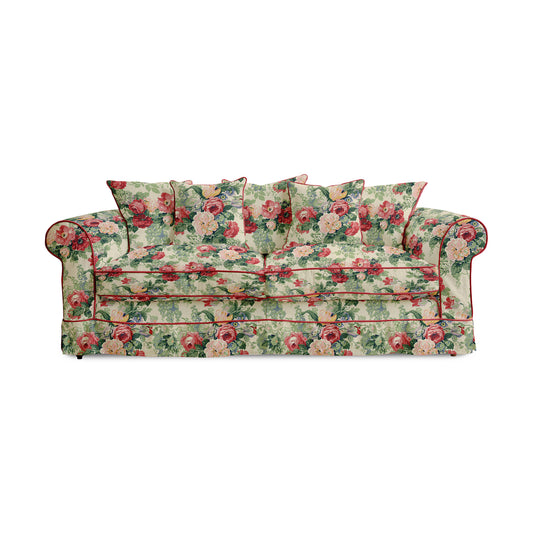 Salthrop Large Sofa with Scatter Cushions in English Garden Classic Rose with Velvet Trim - Hand Made in USA