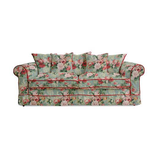 Salthrop Large Sofa with Scatter Cushions in English Garden Grey Skies with Velvet Trim - Hand Made in USA