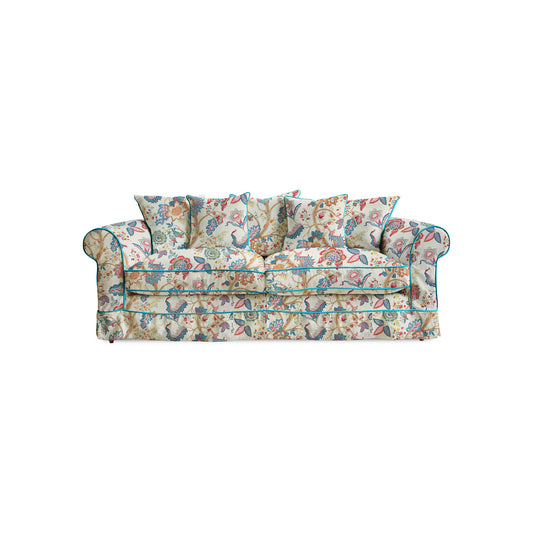 Salthrop Large Sofa with Scatter Cushions in Kitty Indian Summer with Velvet Trim - Hand Made in USA