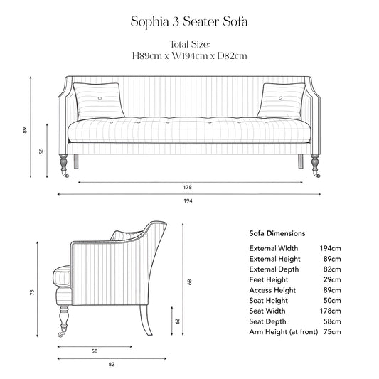 Sophia 3 seater sofa in Cotton Linen Cool Coconut - USA Edition