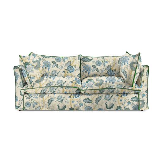 Coco 2.5 seater sofa with Knife Edge cushion in Kitty Blue Green with Parakeet Velvet Trim  - Hand Made in USA