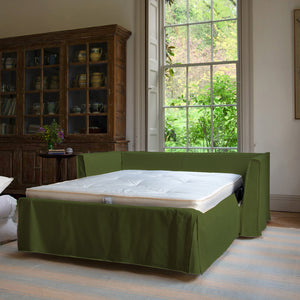 Coco 2.5 seater sleeper sofa with Self Piped Knife Edge cushion in Cotton Linen Evergreen  - Hand Made in USA