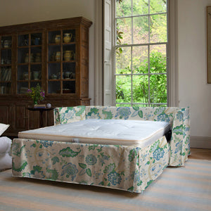 Coco 2.5 seater sleeper sofa with Knife Edge cushion in Kitty Blue Green  - Hand Made in USA