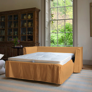 Coco 2.5 seater sleeper sofa with Self Piped Knife Edge cushion in Cotton Linen Sunflower - Hand Made in USA