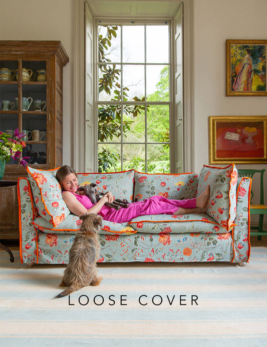 Coco 2.5 seater sofa cover with Contrast Welt Knife Edge cushion in Andrew Martin Wildwood Duck Egg - Hand Made in USA