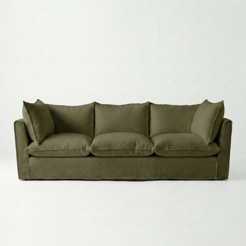 Coco 4 seater sofa with Knife Edge cushion in Beatrice Olive - Hand Made in USA