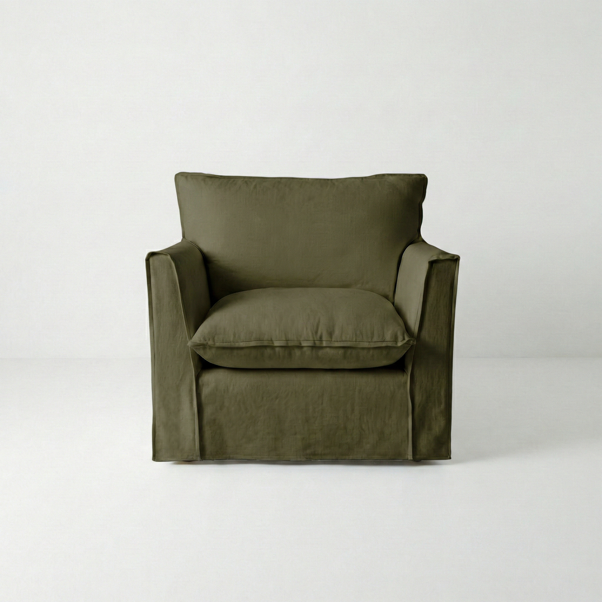 Coco Armchair with Self Piped Knife Edge cushion in Beatrice Olive  - Hand Made in USA