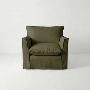 Coco Armchair with Self Piped Knife Edge cushion in Beatrice Olive  - Hand Made in USA
