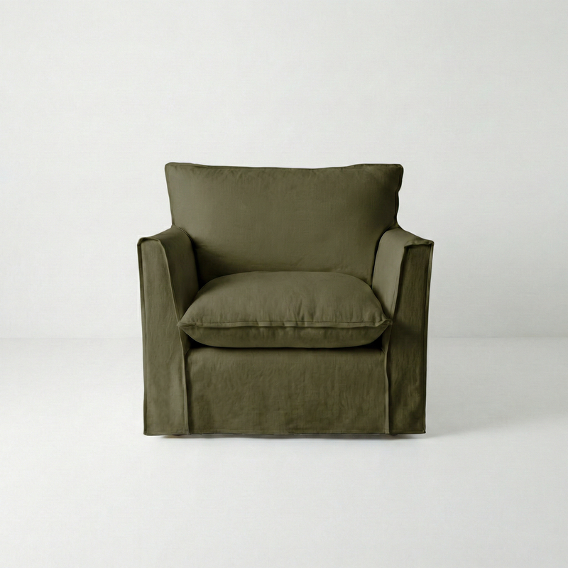 Coco Armchair with Self Piped Knife Edge cushion in Beatrice Olive  - Hand Made in USA