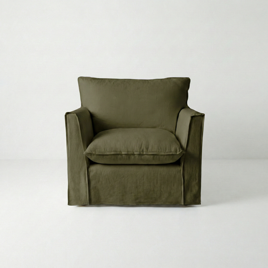 Coco Chair with Self Piped Knife Edge cushion in Beatrice Olive  - Hand Made in USA