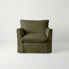 Coco Armchair with Self Piped Knife Edge cushion in Beatrice Olive  - Hand Made in USA