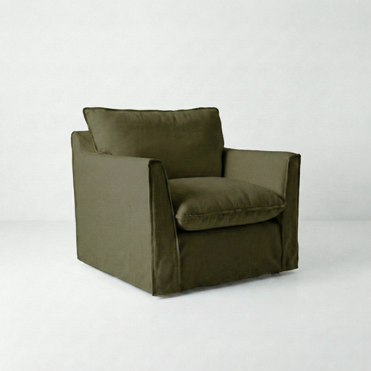 Coco Chair with Self Piped Knife Edge cushion in Beatrice Olive  - Hand Made in USA
