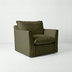 Coco Armchair with Self Piped Knife Edge cushion in Beatrice Olive  - Hand Made in USA